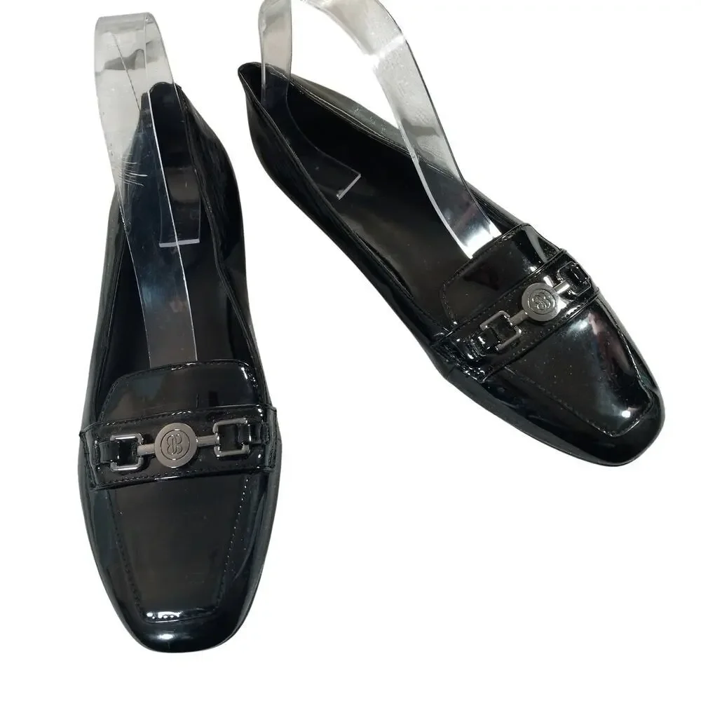 BANDOLINO! FLORA BLACK PATENT LEATHER FRONT METAL HARNESS NIPPED TOE FLATS!SZ 8M